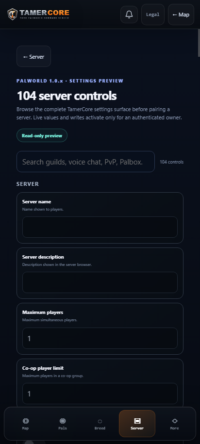 TamerCore mobile server settings