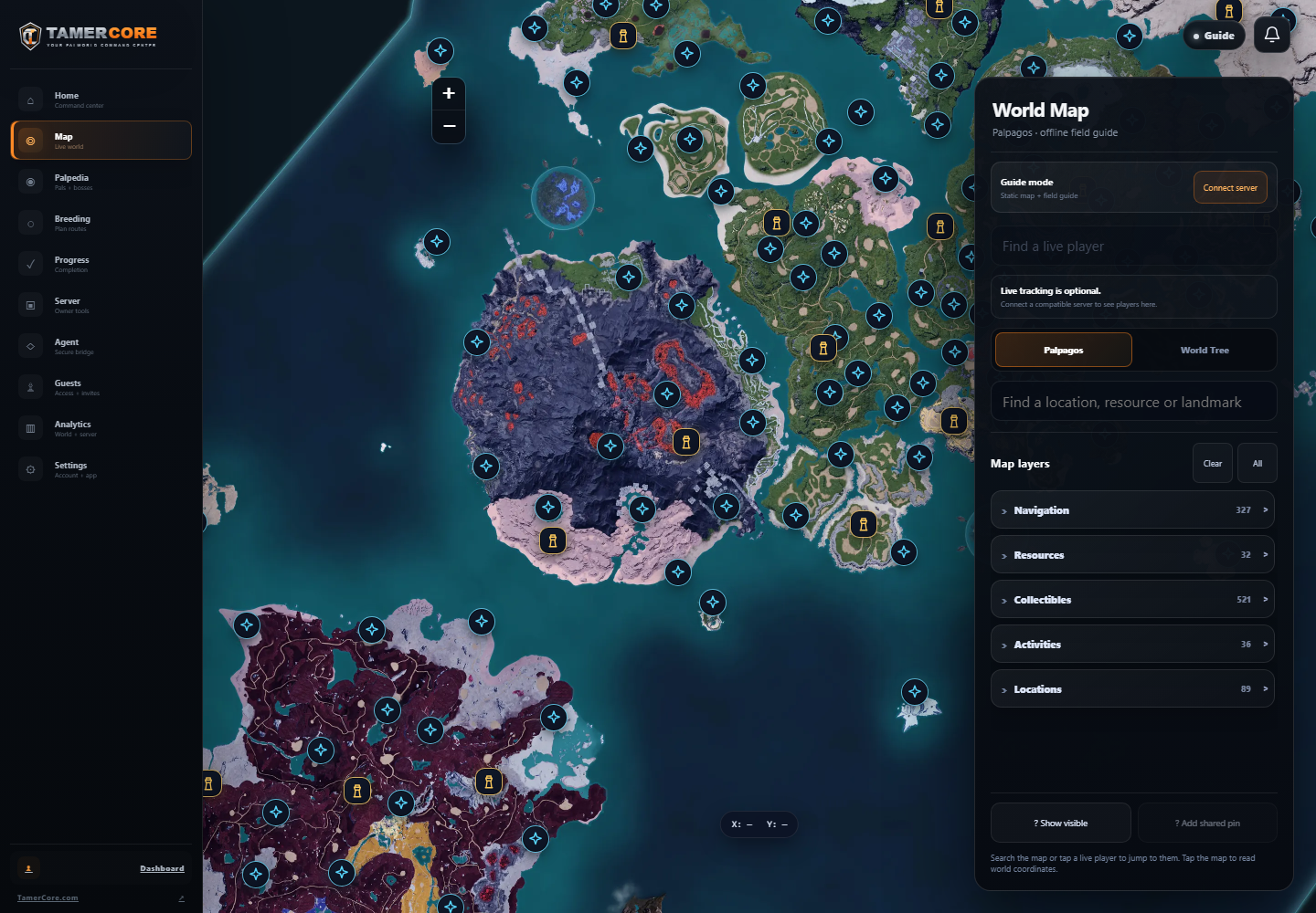 TamerCore live world map workspace